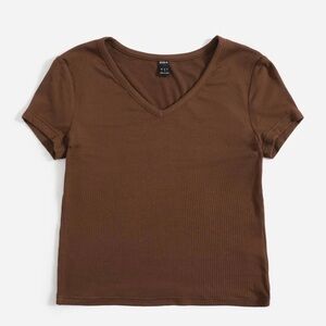 V Neck Rib Knit Solid Tee